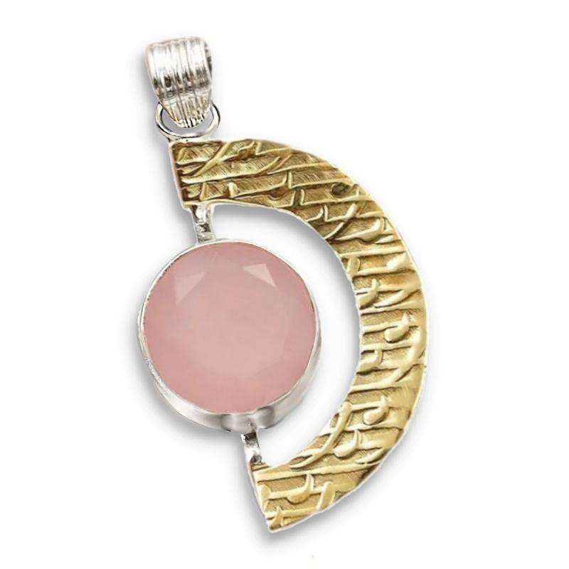 Two Tone Natural Rose Quartz Gemstone set in Solid. 925 Sterling Silver Pendant