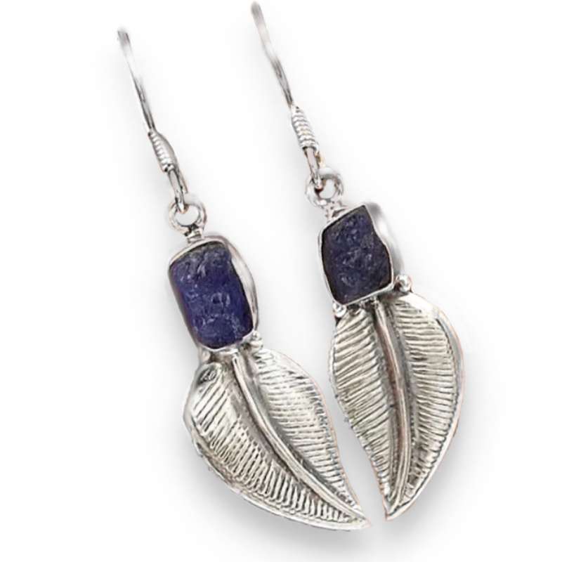 Natural Kyanite Rough Gemstone set in Solid .925 Sterling Silver Leaf Shape Earrings