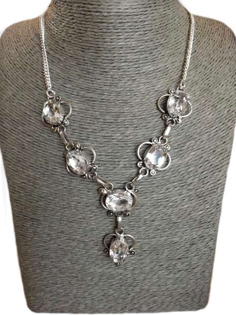 Clear Quartz Ovals set in .925 Sterling Silver Plated Handmade Antique Style Necklace