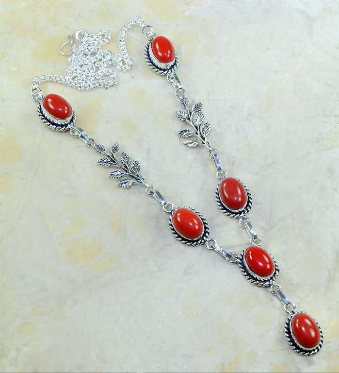 Rich Red Coral with Leaf accent in the Chain Gemstone .925 Sterling Silver Plated Handmade Necklace