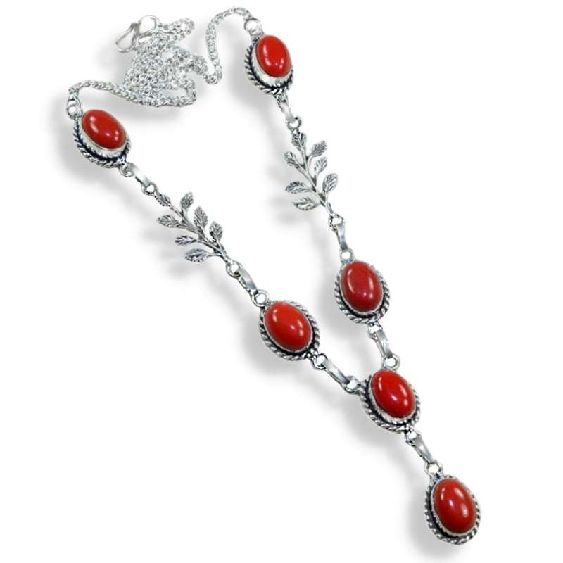Rich Red Coral with Leaf accent in the Chain Gemstone .925 Sterling Silver Plated Handmade Necklace