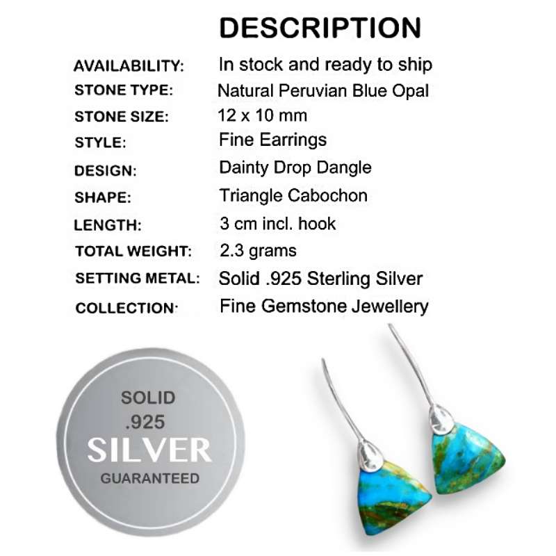 Extremely Rare- Genuine Natural Peruvian Blue Opal Set in Solid .925 Sterling Silver Earrings