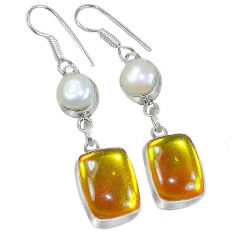 Madagascar Fiery Topaz and White River Pearl Gemstone set in .925 Sterling Silver Plated Earrings