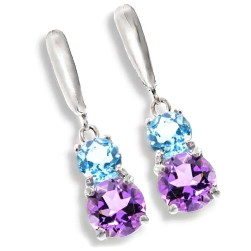 25.05 cts Authentic Purple Amethyst and Blue Topaz In Solid .925 Sterling Silver Earrings