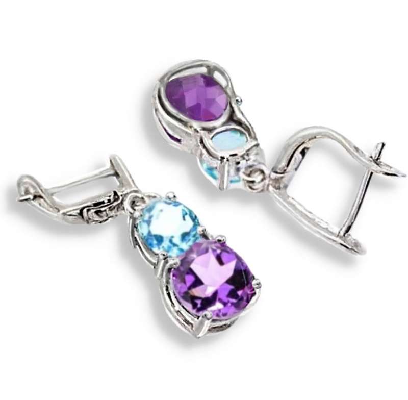 25.05 cts Authentic Purple Amethyst and Blue Topaz In Solid .925 Sterling Silver Earrings
