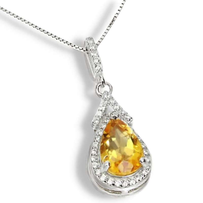 Deluxe Natural Unheated Citrine, White Cubic Zirconia Gemstone  Solid .925 Sterling Silver Necklace