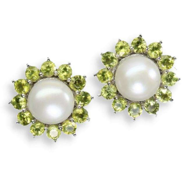 Natural Unheated Peridot, White Pearl Gemstone Solid .925 Sterling Silver Stud Earrings
