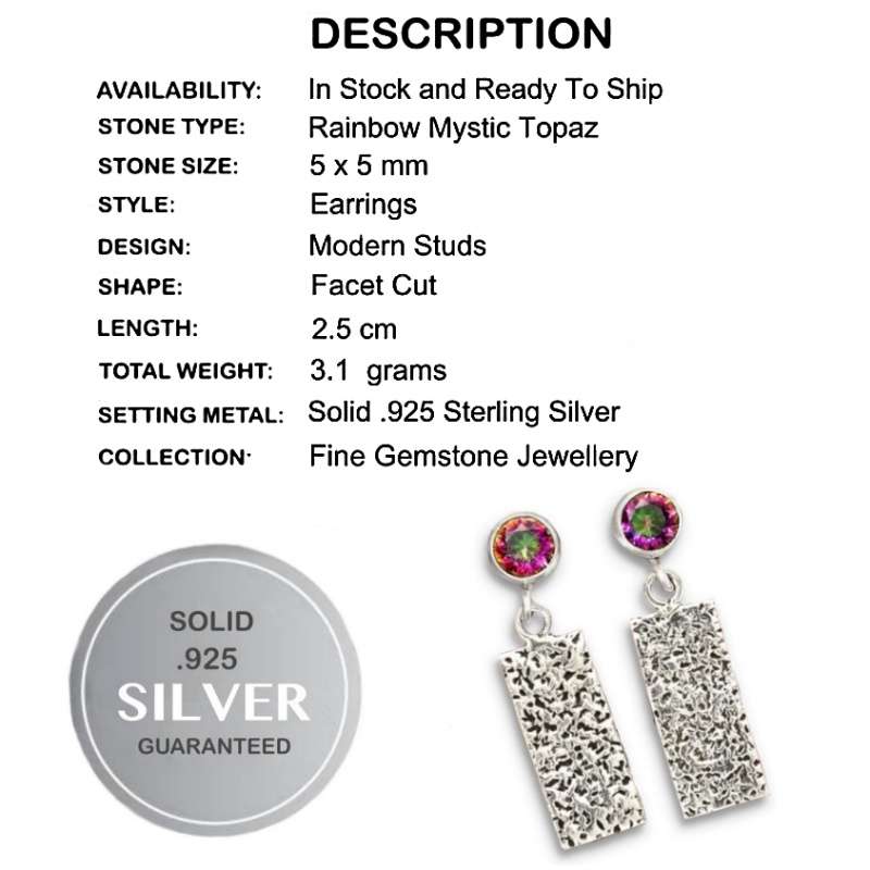 Natural Rainbow Mystic Topaz Gemstone set in Solid 925 Sterling Silver Stud Earrings