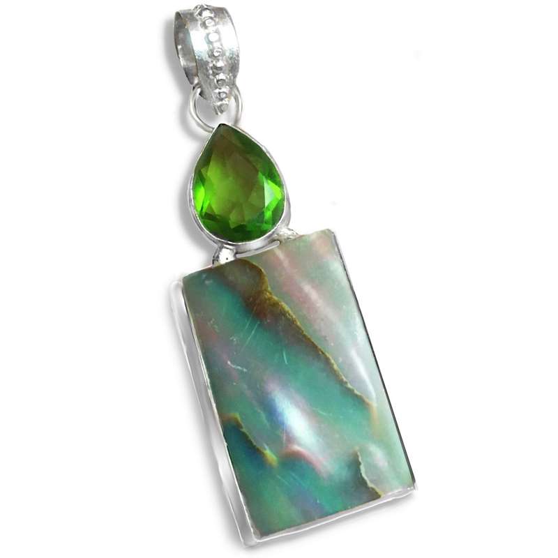 Natural New Zealand Abalone and Peridot Gemstone Set in 925 Sterling Silver Plated Handmade Pendant
