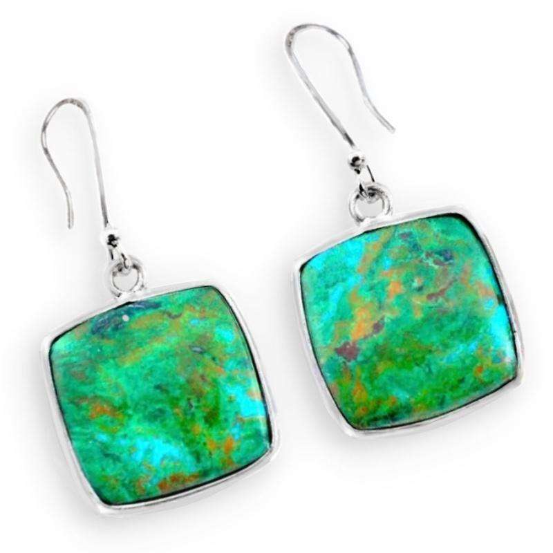 Natural Chrysocolla Square Gemstone set in Solid .925 Sterling Silver Earrings