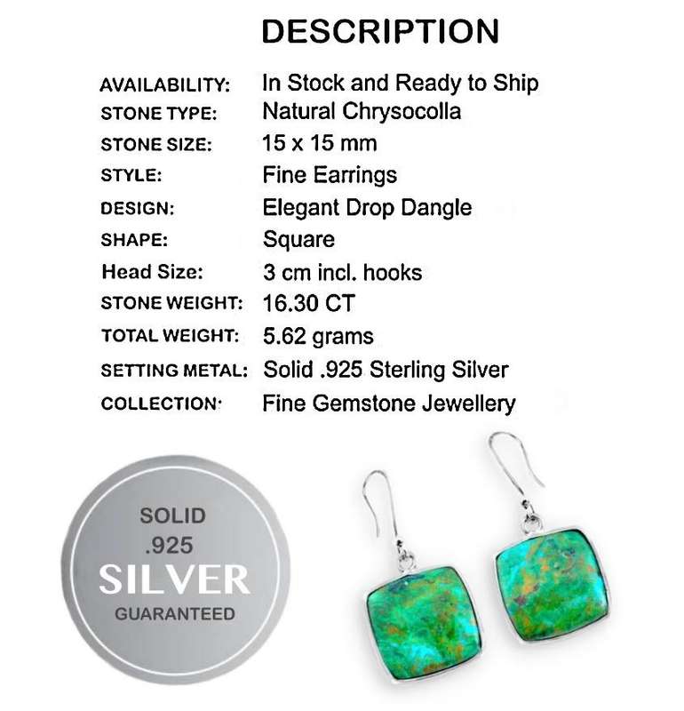 Natural Chrysocolla Square Gemstone set in Solid .925 Sterling Silver Earrings