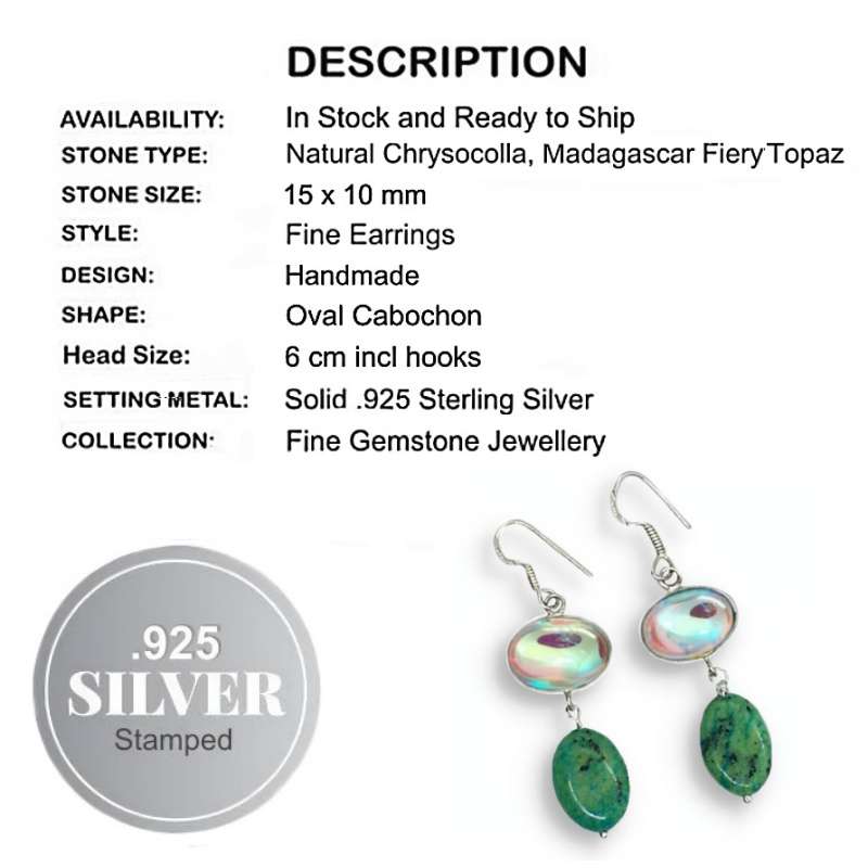 Natural Chrysocolla, Madagascar Fiery Topaz Solid .925 Sterling Silver Earrings