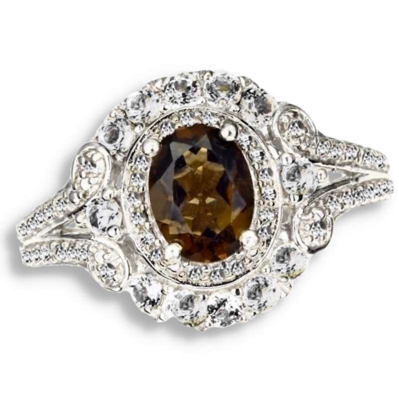 24 ct Natural Unheated Smoky Topaz, White Topaz Solid .925 Sterling Silver 14K White Gold Ring 9