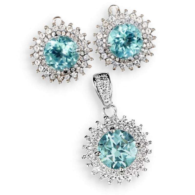 Huge Saving -Natural Blue Topaz Diamond Cut CZ Solid  925 Sterling Silver Pendant and Earrings