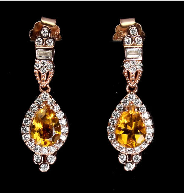 Natural Unheated Pear Shape Citrine Gems in Solid 925 Sterling Silver 14K Rose Gold Stud Earrings