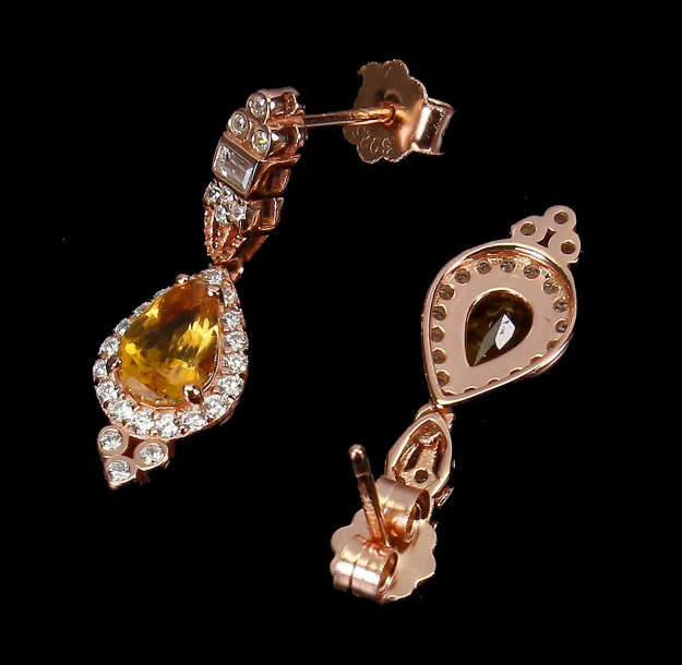 Natural Unheated Pear Shape Citrine Gems in Solid 925 Sterling Silver 14K Rose Gold Stud Earrings