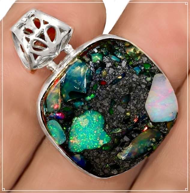 Natural Ethiopian Fire Opal in Pyrite set in Solid.925 Sterling Silver Antique Style Pendant