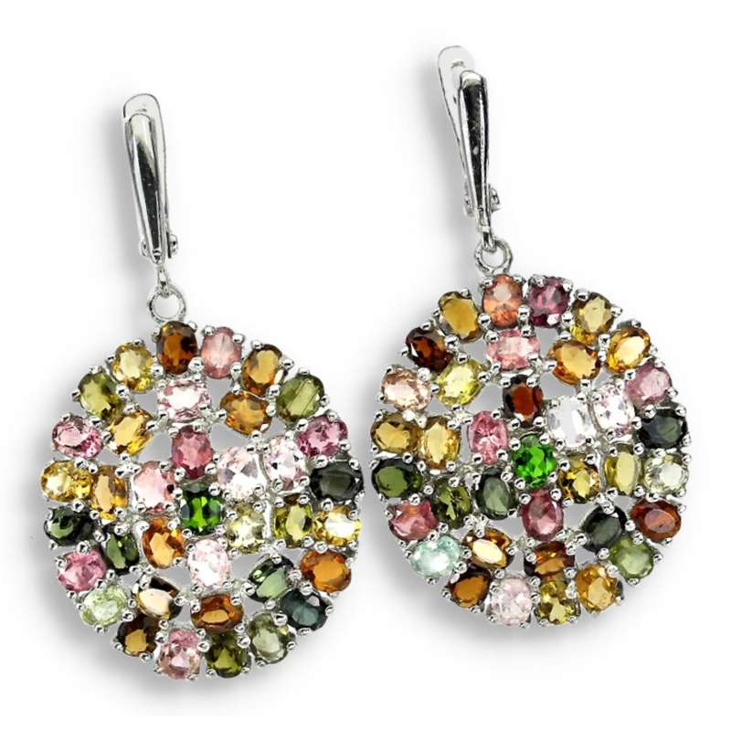 58 cts Deluxe Unheated Multi-Tourmaline set in Solid. 925 Sterling Silver Earrings