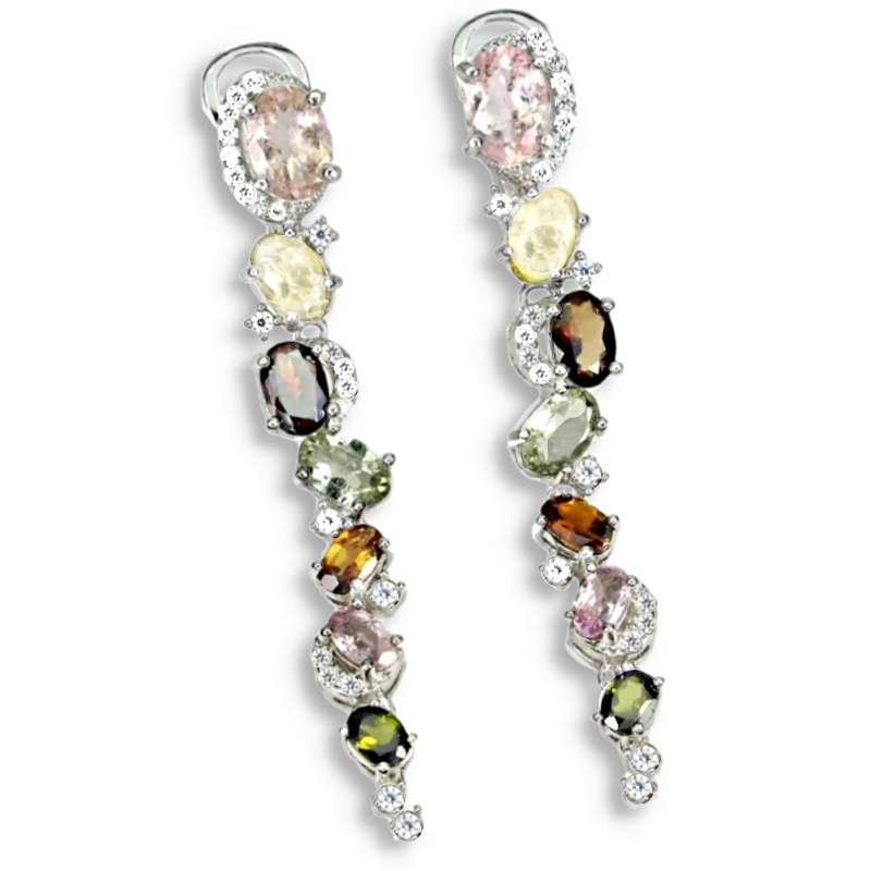 Deluxe Natural Unheated Multi-Tourmaline White Cubic Zirconia in Solid. 925 Sterling Silver Earrings