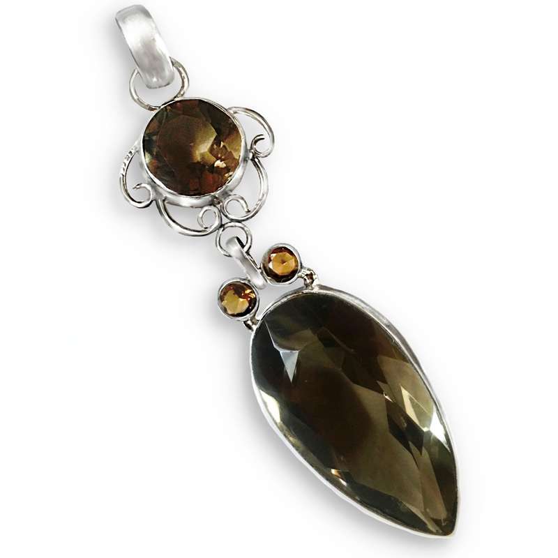 Elegant Smoky Topaz and Cognac Citrine set in .925 Sterling Silver Plated Antique Style Pendant