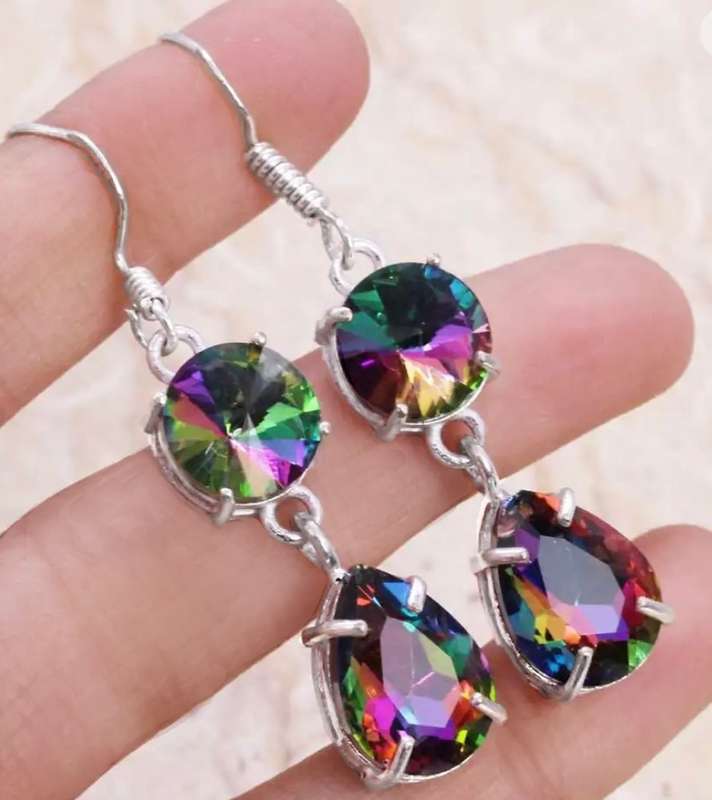 Handmade Rainbow Mystic Topaz  Pear Shape set in .925 Sterling Silver Plated Drop Dangle Earrings