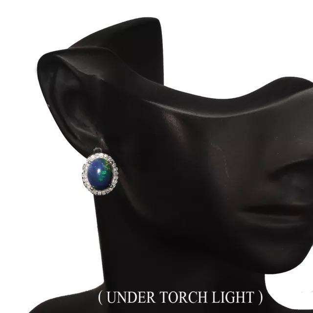 Natural Unheated Full Flash Black Fire Opal, White Cubic Zirconia Solid .925 Silver 14K W/Gold Earri