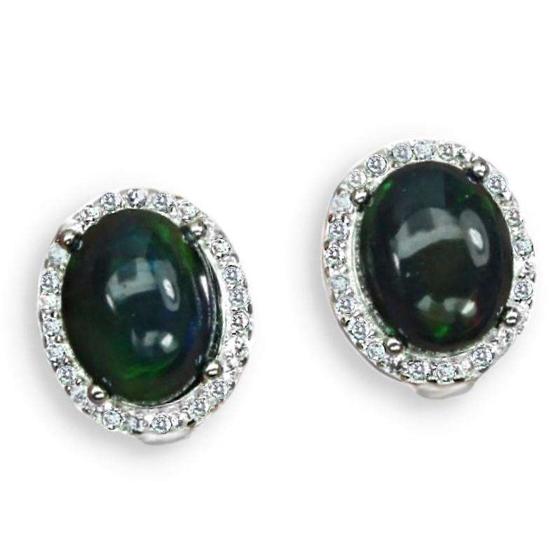 Natural Unheated Full Flash Black Fire Opal, White Cubic Zirconia Solid .925 Silver 14K W/Gold Earri