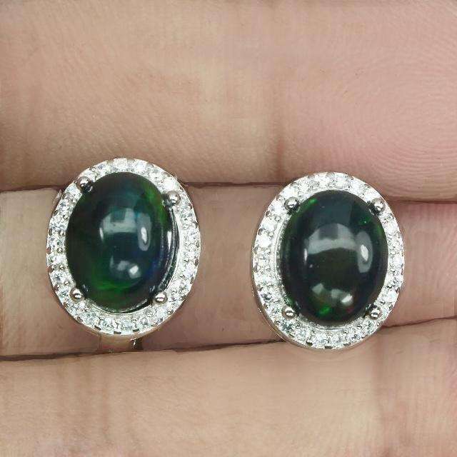 Natural Unheated Full Flash Black Fire Opal, White Cubic Zirconia Solid .925 Silver 14K W/Gold Earri
