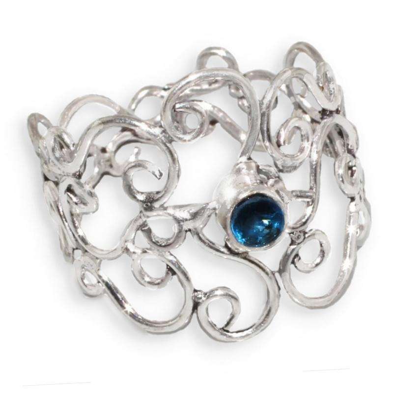 Dainty Blue Quartz set in Ornate Intricate .925 Sterling Silver Plated Handmade Ring Size 8/Q