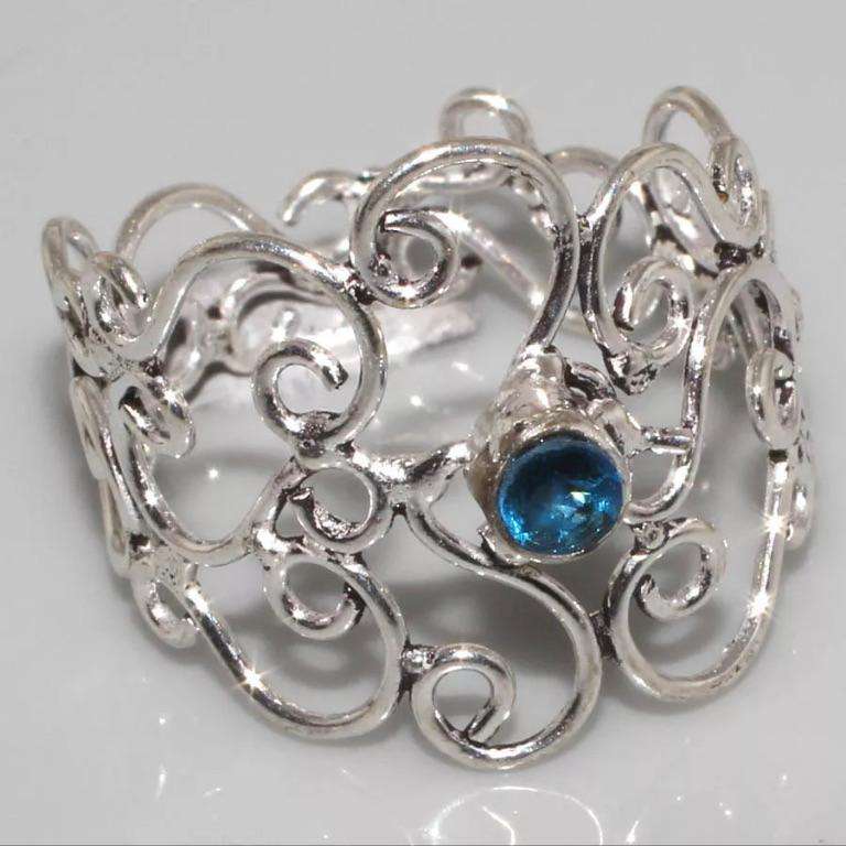 Dainty Blue Quartz set in Ornate Intricate .925 Sterling Silver Plated Handmade Ring Size 8/Q