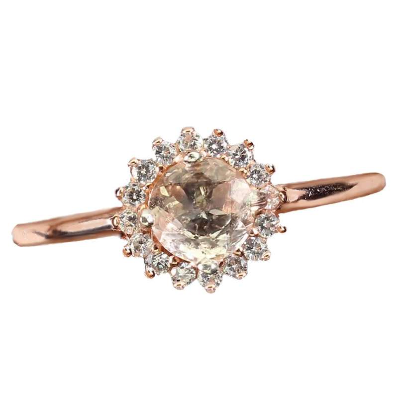 Deluxe Rose Gold Natural Morganite White Cubic Zirconia Solid .925 Sterling Silver Ring Size 7.5 /P