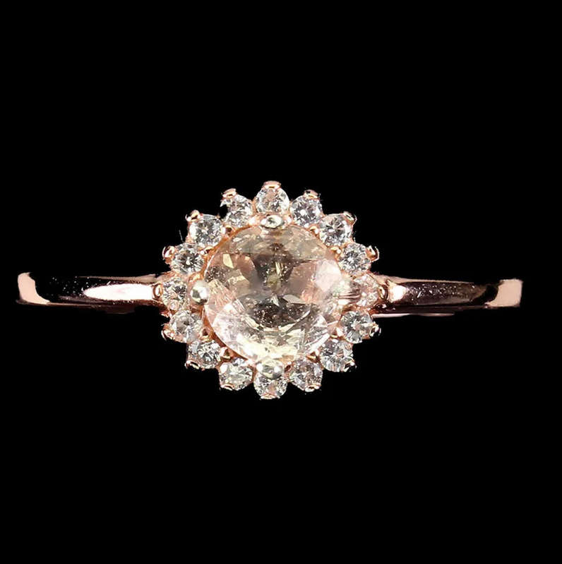 Deluxe Rose Gold Natural Morganite White Cubic Zirconia Solid .925 Sterling Silver Ring Size 7.5 /P