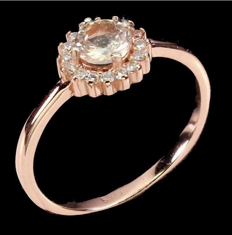 Deluxe Rose Gold Natural Morganite White Cubic Zirconia Solid .925 Sterling Silver Ring Size 7.5 /P