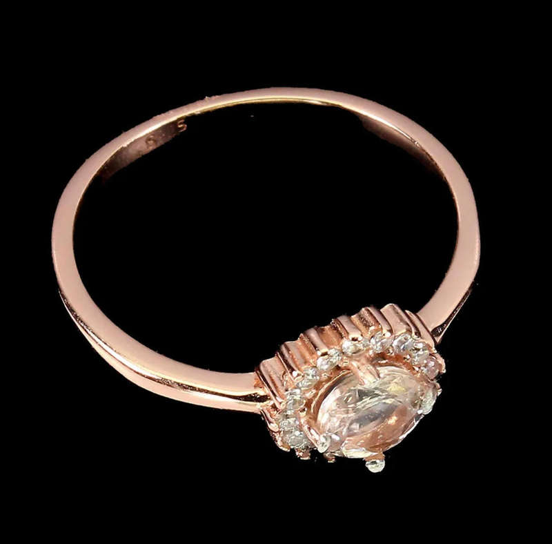 Deluxe Rose Gold Natural Morganite White Cubic Zirconia Solid .925 Sterling Silver Ring Size 7.5 /P