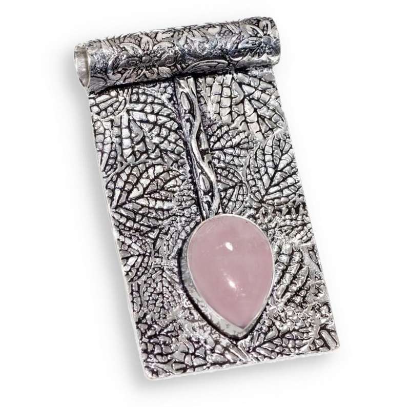 Natural Pink Rose Quartz Pear Gemstone with Embossed Leaf Floral 925 Sterling Silver Plated Handmade