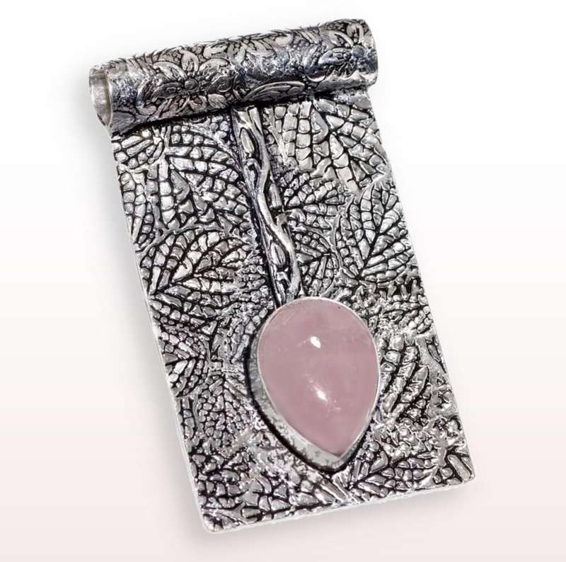 Natural Pink Rose Quartz Pear Gemstone with Embossed Leaf Floral 925 Sterling Silver Plated Handmade