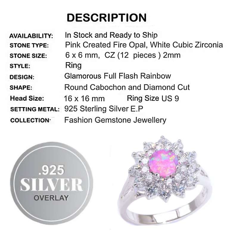Handmade Pink Fire Opal, White Cubic Zirconia Gemstone .925 Sterling Silver Plated Ring Size 9/R1/2