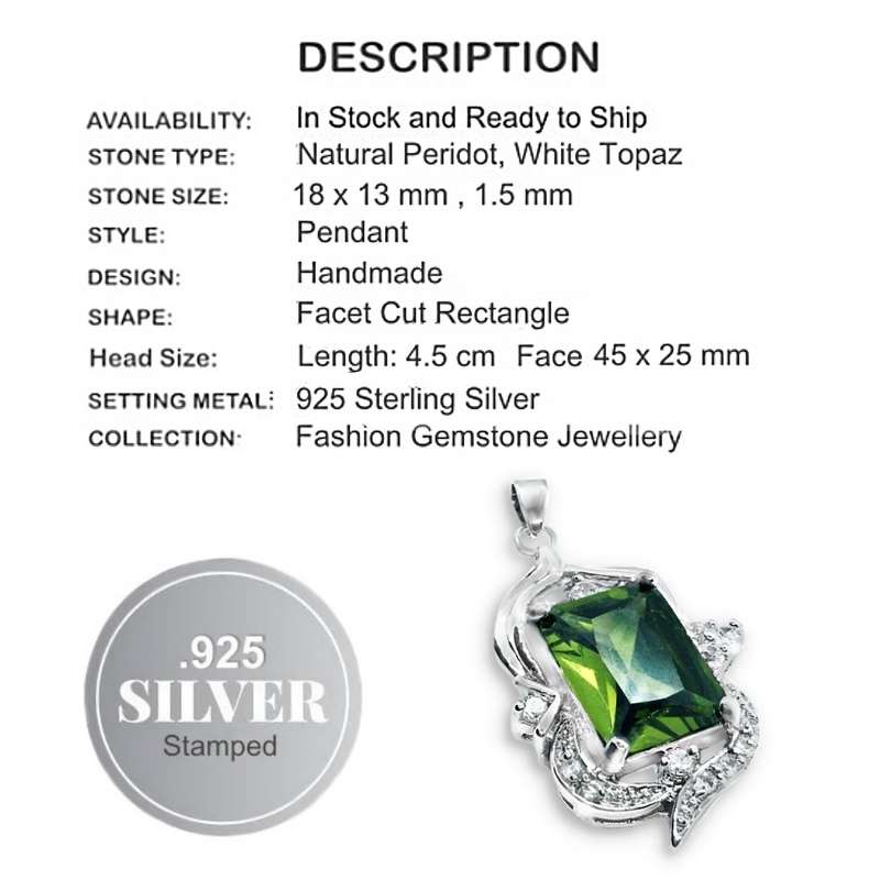 Natural Emerald Cut Peridot  and White Topaz Gemstone set in Solid 925 Sterling Silver Pendant