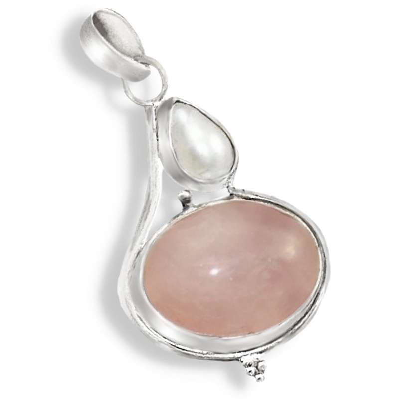 Natural Rose Quartz, and White Pearl set in Solid .925 Sterling Silver Dainty Pendant