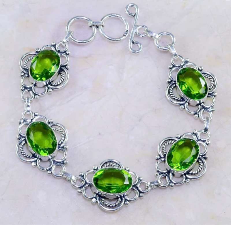 Faceted Peridot Ovals set in .925 Sterling Silver Plated Handmade Antique Style Bracelet
