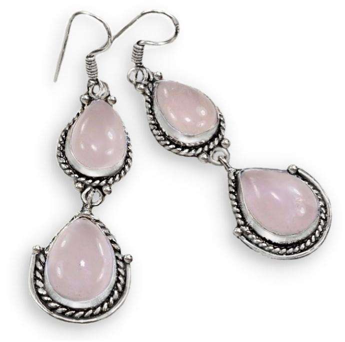 Natural Pink Rose Quartz Pear Gemstones .925 Sterling Silver Plated Drop Dangle Earrings