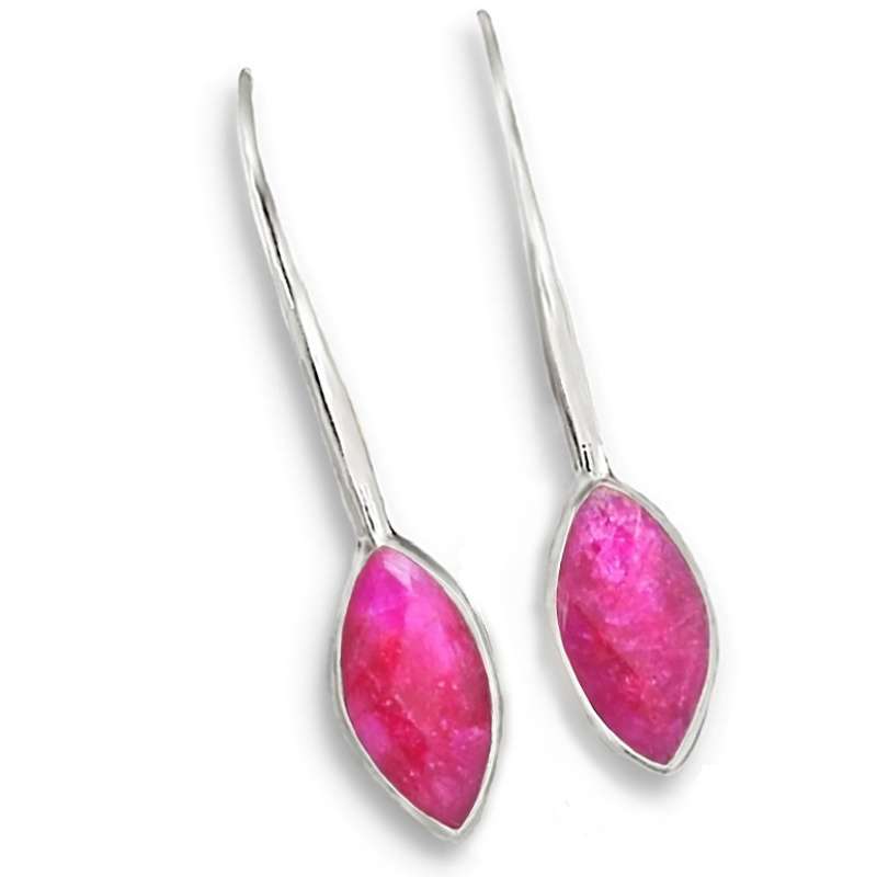 Indian Ruby Marquise Shape Gemstones set in Solid .925 Sterling Silver Extra Long Hook Earrings