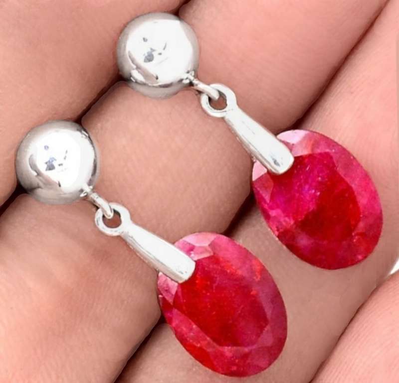 Natural Indian Ruby Oval Gemstone in Solid .925 Sterling Silver Dainty Earrings