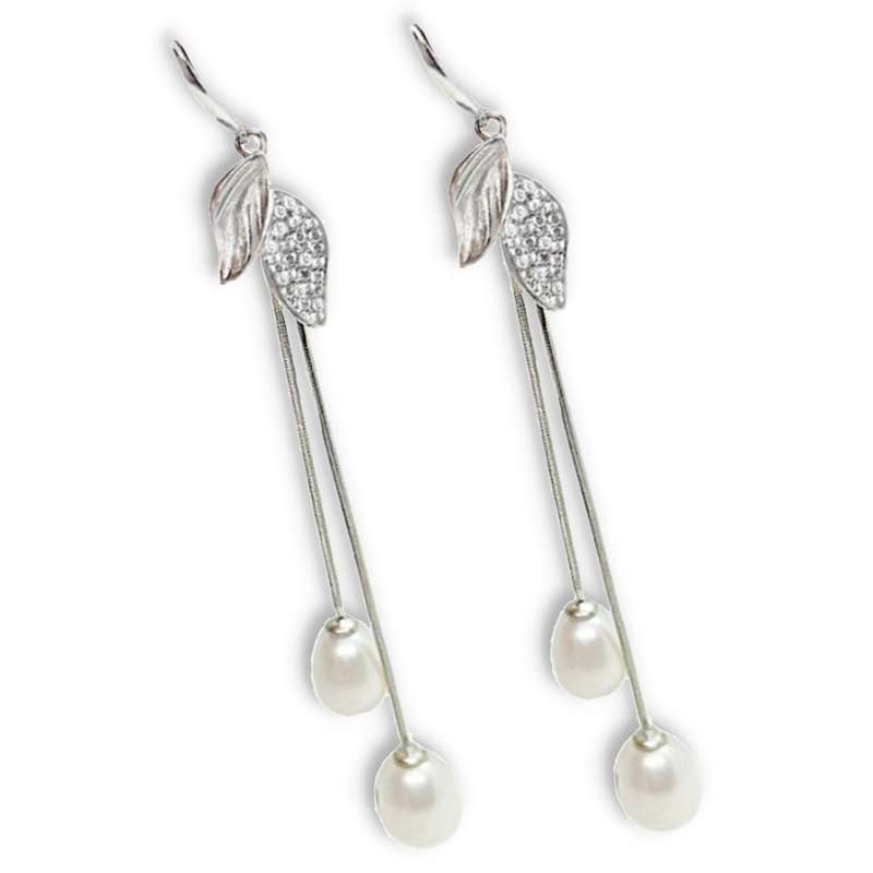 Creamy White Freshwater Pearl, White Cubic Zirc in Solid .925 Sterling Silver 14K W/Gold Earrings