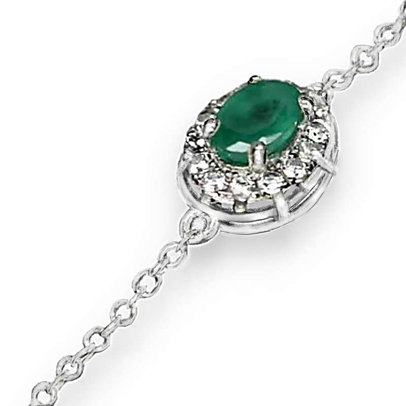Natural Zambian Emerald, AAA White CZ in Solid .925 Sterling Silver 14K White Gold Bracelet
