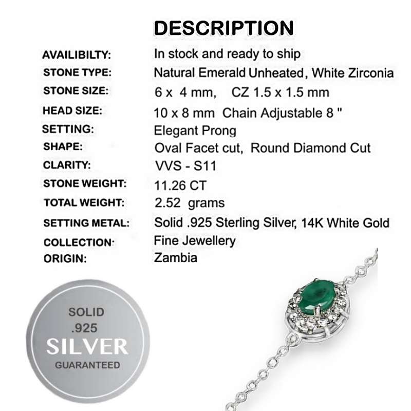 Natural Zambian Emerald, AAA White CZ in Solid .925 Sterling Silver 14K White Gold Bracelet