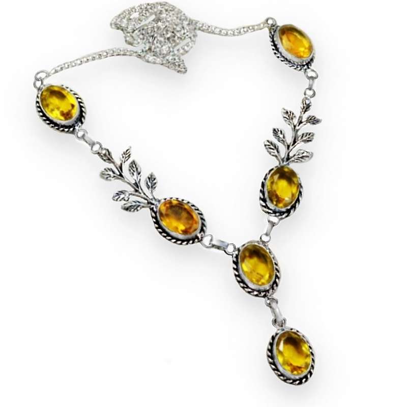 Citrine Faceted Oval Gemstones with Leaf Detailing set in .925 Sterling Silver Plated Necklace