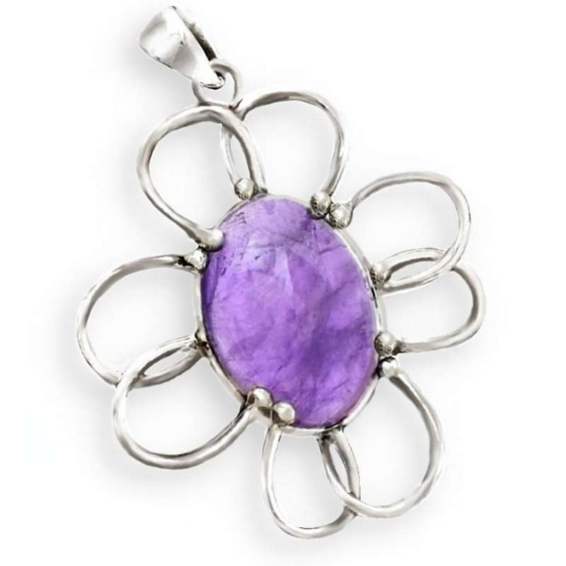 Whimsical Floral Purple Amethyst Oval Gemstone in Solid .925 Sterling Silver Pendant