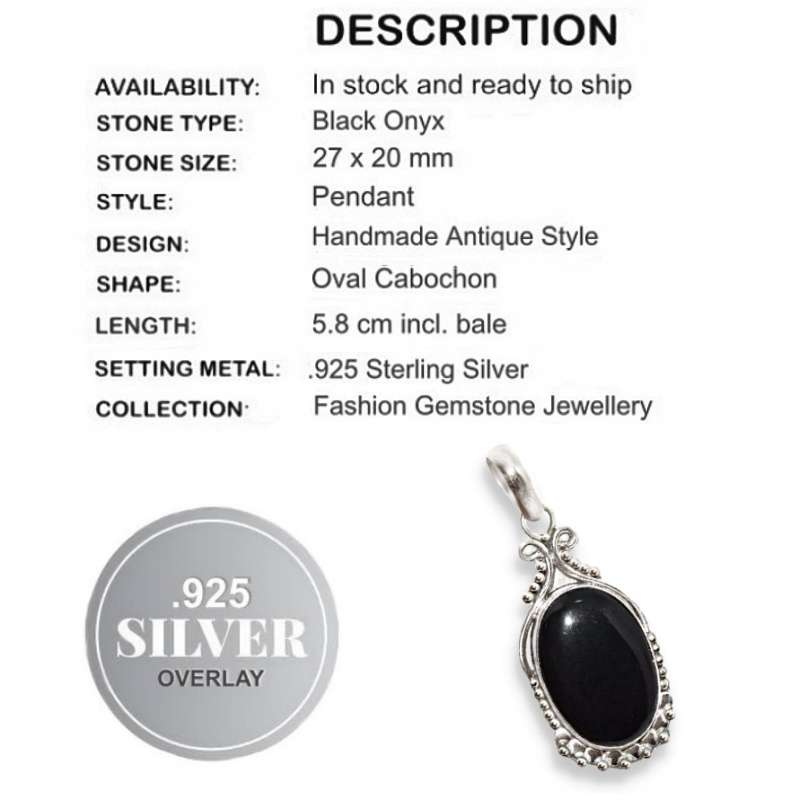 Indonesian Bali -Java Black Onyx Gemstone 925 Silver Pendant