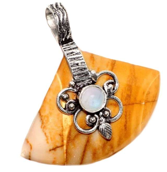 Natural Mookaite and Rainbow Moonstone Pendant set in .925 Sterling Silver Plated Handmade Pendant